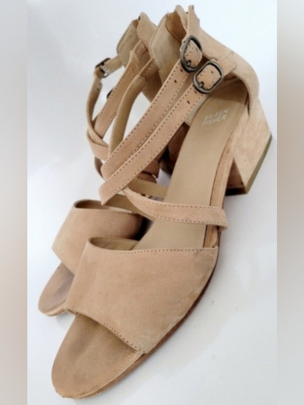 Eileen Fisher Kyra Nubuck Leather Strappy Low Block Heel Sandals Tan US 9 - Picture 3 of 16
